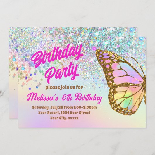 Glitter vlinder Verjaardag Uitnodiging (Voorkant / Achterkant)