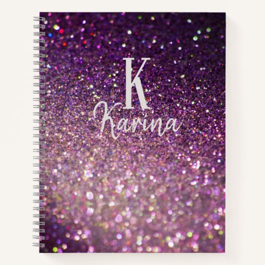 Glitter vonk monogram script naam paarse recept notitieboek (Voorkant)