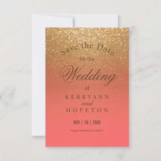 Glitter voor koraal en goud - Bewaar de datum Save The Date (Voorkant)