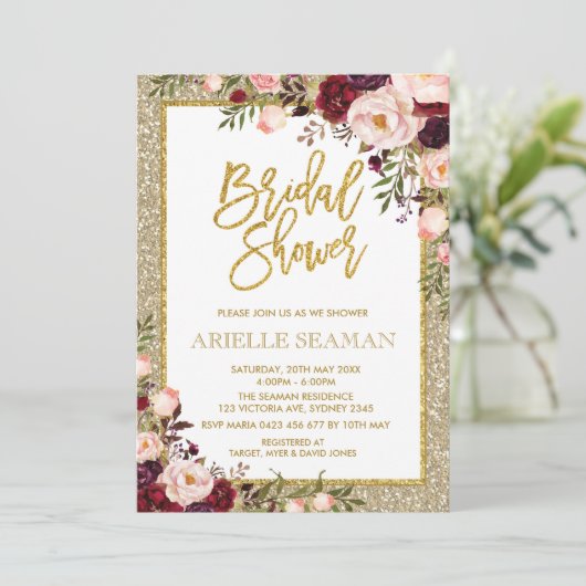 Glitter Vrijgezellenfeest Nodig Bourgogne Roze Blo Kaart (Staand voorkant)