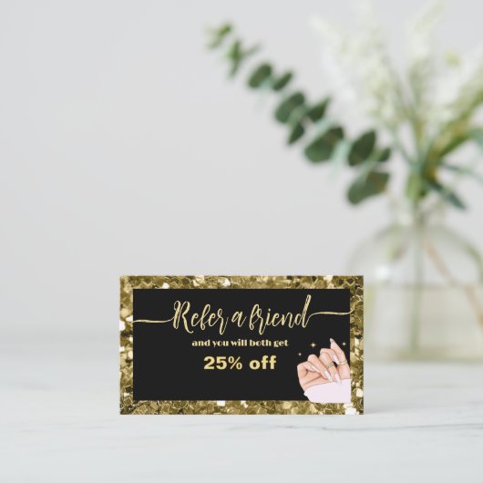 Glitter Vrouw Hand nagel salon Referral Kaart Klantenkaartje (Staand voorkant)