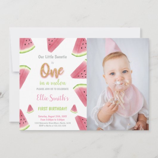 Glitter Watermeloen Verjaardag Uitnodigingen met F (Voorkant)