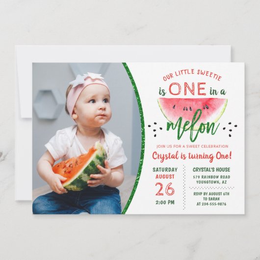 Glitter Watermelon 1st Birthday Fotouitnodiging Kaart (Voorkant)