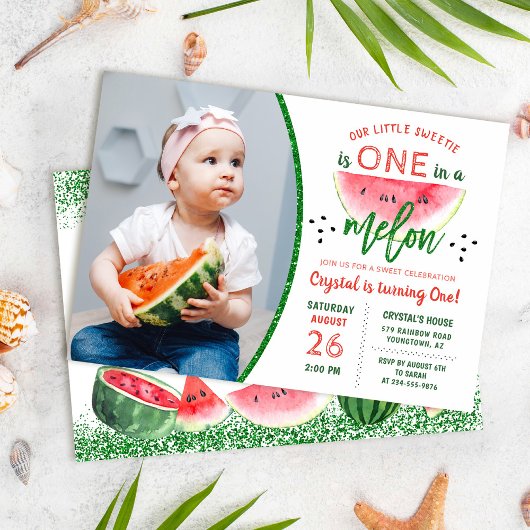 Glitter Watermelon 1st Birthday Fotouitnodiging Kaart