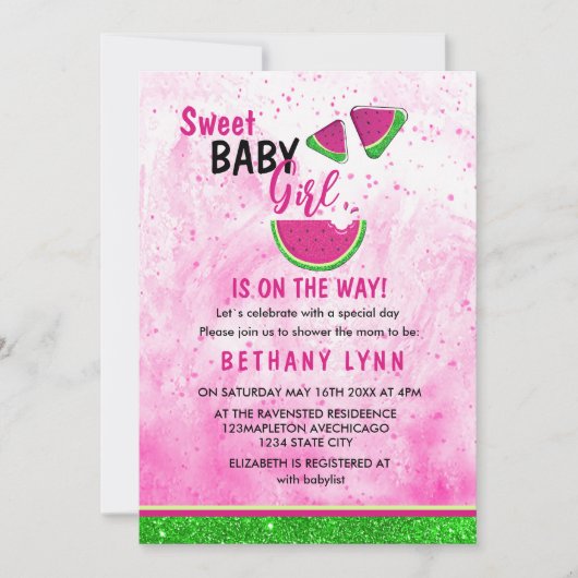 Glitter Watermelon Meisje Baby shower Invitation Kaart (Voorkant)