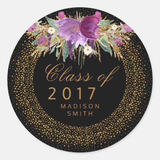Glitter Waterverf Flower Gold Confetti Afstuderen Ronde Sticker (Voorkant)