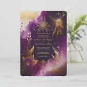 Glitter Waterverf Paarse en gouden bloemenbruiloft Kaart (Staand voorkant)
