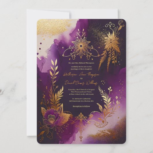 Glitter Waterverf Paarse en gouden bloemenbruiloft Kaart (Voorkant)