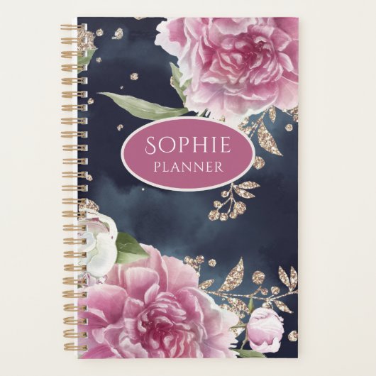 Glitter Waterverf Pink Floral Girly Planner (Voorkant)