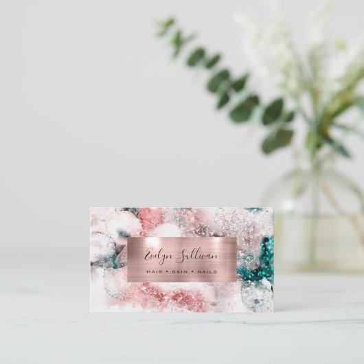 Glitter waterverf roos goud folie visitekaartje (Staand voorkant)