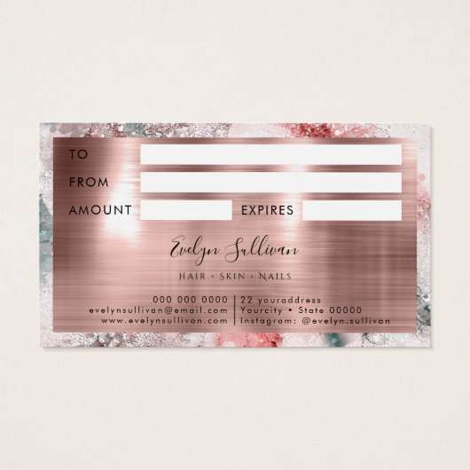 Glitter waterverf roos gouden folie cadeaubon visitekaartje (Achterkant)