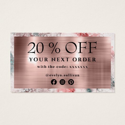 Glitter waterverf roos gouden folie kortingskaart visitekaartje (Achterkant)