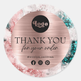 Glitter Waterverf Roos Goudfolie Dank u Ronde Sticker