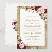Glitter Wedding Invitation Burgundy Blush Floral Kaart (Voorkant / Achterkant)