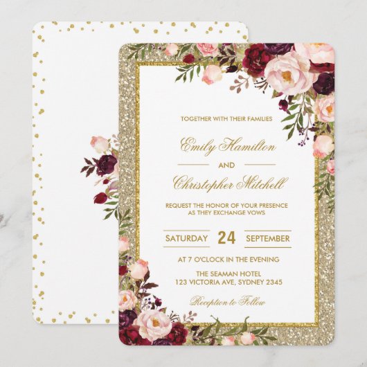 Glitter Wedding Invitation Burgundy Blush Floral Kaart (Voorkant / Achterkant)