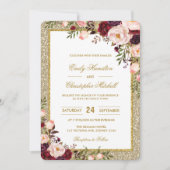 Glitter Wedding Invitation Burgundy Blush Floral Kaart (Voorkant)