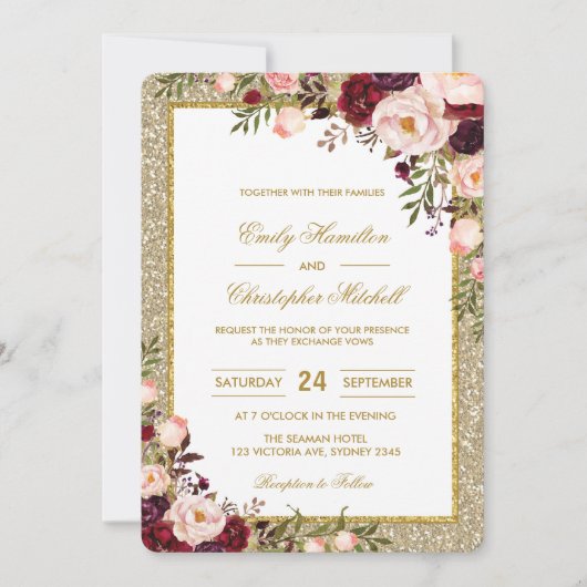 Glitter Wedding Invitation Burgundy Blush Floral Kaart (Voorkant)
