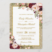 Glitter Wedding Invitation Burgundy Blush Floral
