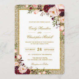 Glitter Wedding Invitation Burgundy Blush Floral Kaart