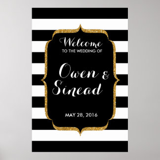 Glitter Wedding Sign on Black and White Stripes Poster