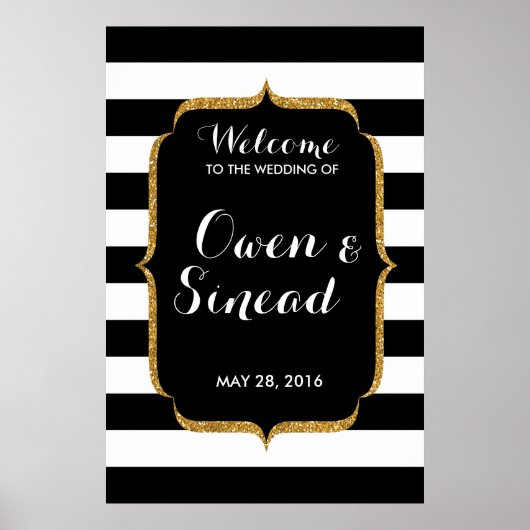 Glitter Wedding Sign on Black and White Stripes Poster (Voorkant)