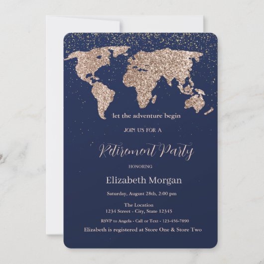 Glitter Wereldkaart Confetti Navy Blue Retirement Kaart (Voorkant)