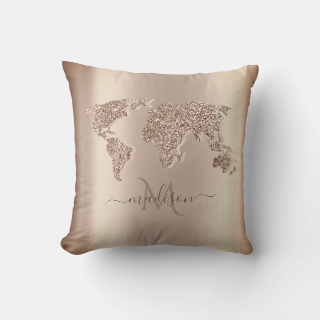 Glitter Wereldkaart Reis Monogram Kussen (Voorkant)