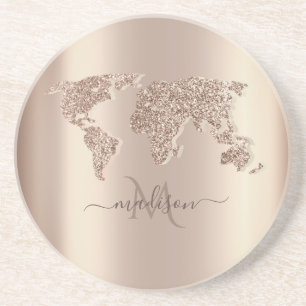Glitter Wereldkaart Reis Monogram Zandsteen Onderzetter