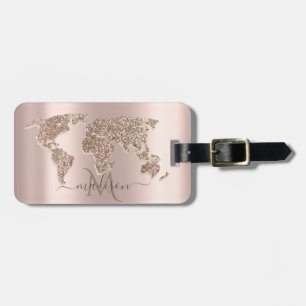Glitter Wereldkaart Reis Roze Goud Monogram Bagagelabel