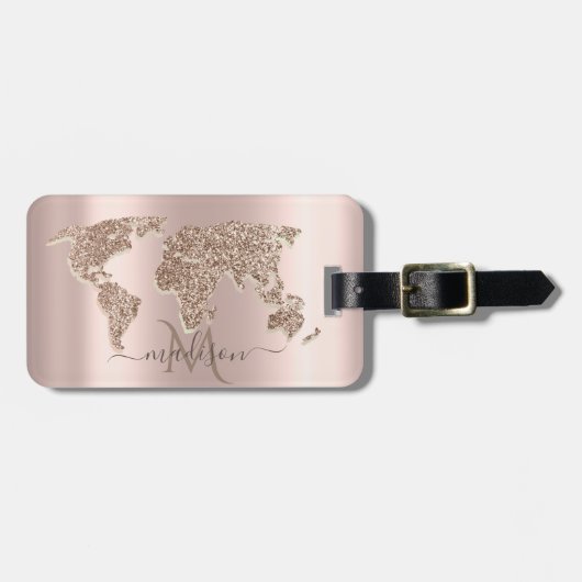 Glitter Wereldkaart Reis Roze Goud Monogram Bagagelabel (Voorkant horizontaal)