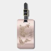 Glitter Wereldkaart Reis Roze Goud Monogram Bagagelabel (Voorkant verticaal)