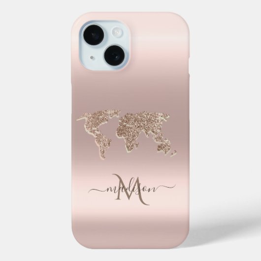 Glitter Wereldkaart Reis Roze Goud Monogram Case-Mate iPhone Case (Achterkant)