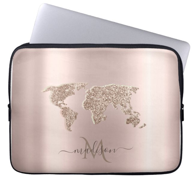 Glitter Wereldkaart Reis Roze Goud Monogram  Laptop Sleeve (Voorkant)