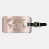 Glitter Wereldkaart Reizen Roos Goud Monogram Bagagelabel (Voorkant horizontaal)