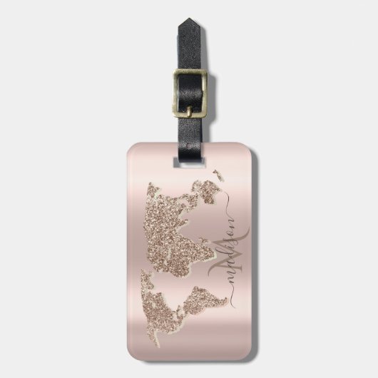 Glitter Wereldkaart Reizen Roos Goud Monogram Bagagelabel (Voorkant verticaal)