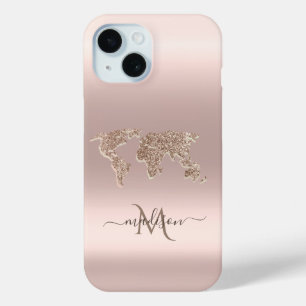 Glitter Wereldkaart Reizen Roos Goud Monogram iPhone 15 Case
