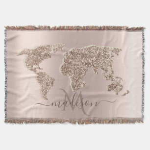 Glitter Wereldkaart Reizen Roos Goud Monogram Deken