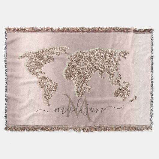 Glitter Wereldkaart Reizen Roos Goud Monogram Deken (Voorkant)