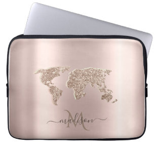 Glitter Wereldkaart Reizen Roos Goud Monogram Laptop Sleeve