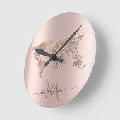Glitter Wereldkaart Reizen Roos Goud Monogram Ronde Klok (Hoek)
