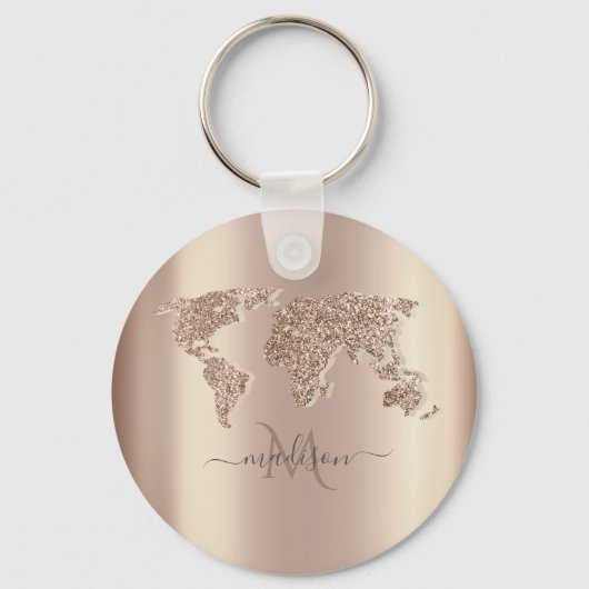 Glitter Wereldkaart Travel Monogram Sleutelhanger (Voorkant)