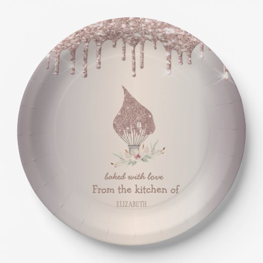 Glitter Whisk Rose Gold Glitter Drips Bakery Papieren Bordje (Voorkant)