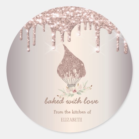 Glitter Whisk Rose Gold Glitter Drips Bakery    Ronde Sticker (Voorkant)