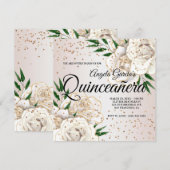 Glitter White Floral Glam Quinceañera Kaart (Voorkant / Achterkant)