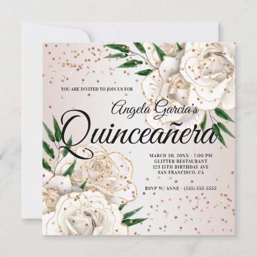 Glitter White Floral Glam Quinceañera Kaart (Voorkant)