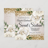Glitter White Floral Glam Sweet Sixteen Kaart (Voorkant / Achterkant)