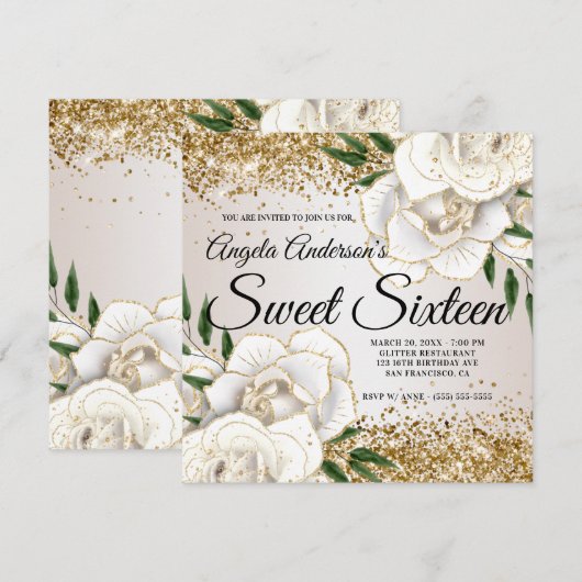 Glitter White Floral Glam Sweet Sixteen Kaart (Voorkant / Achterkant)