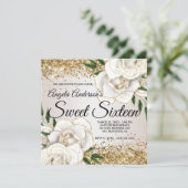 Glitter White Floral Glam Sweet Sixteen Kaart (Staand voorkant)