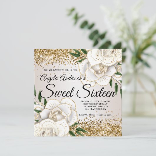 Glitter White Floral Glam Sweet Sixteen Kaart (Staand voorkant)