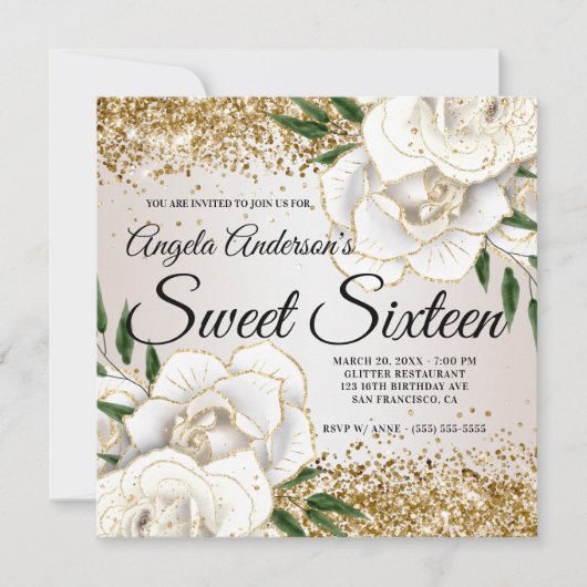 Glitter White Floral Glam Sweet Sixteen Kaart (Voorkant)